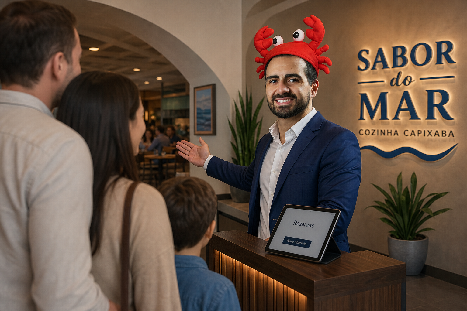 Eric, dono do Caranguejo Doido, recebendo convidados